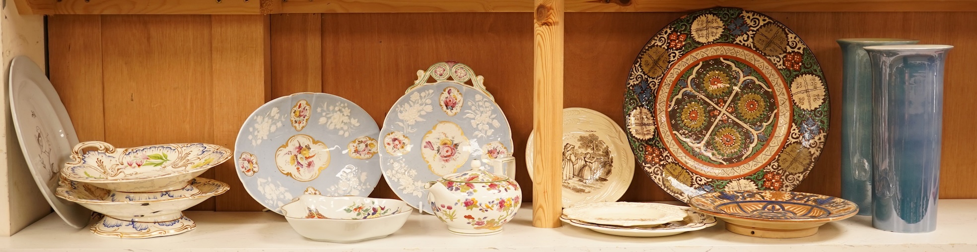 A quantity of 19th century and later plates, comports, vases etc. Tallest a pair of lustre Carltonware vases 26cm high